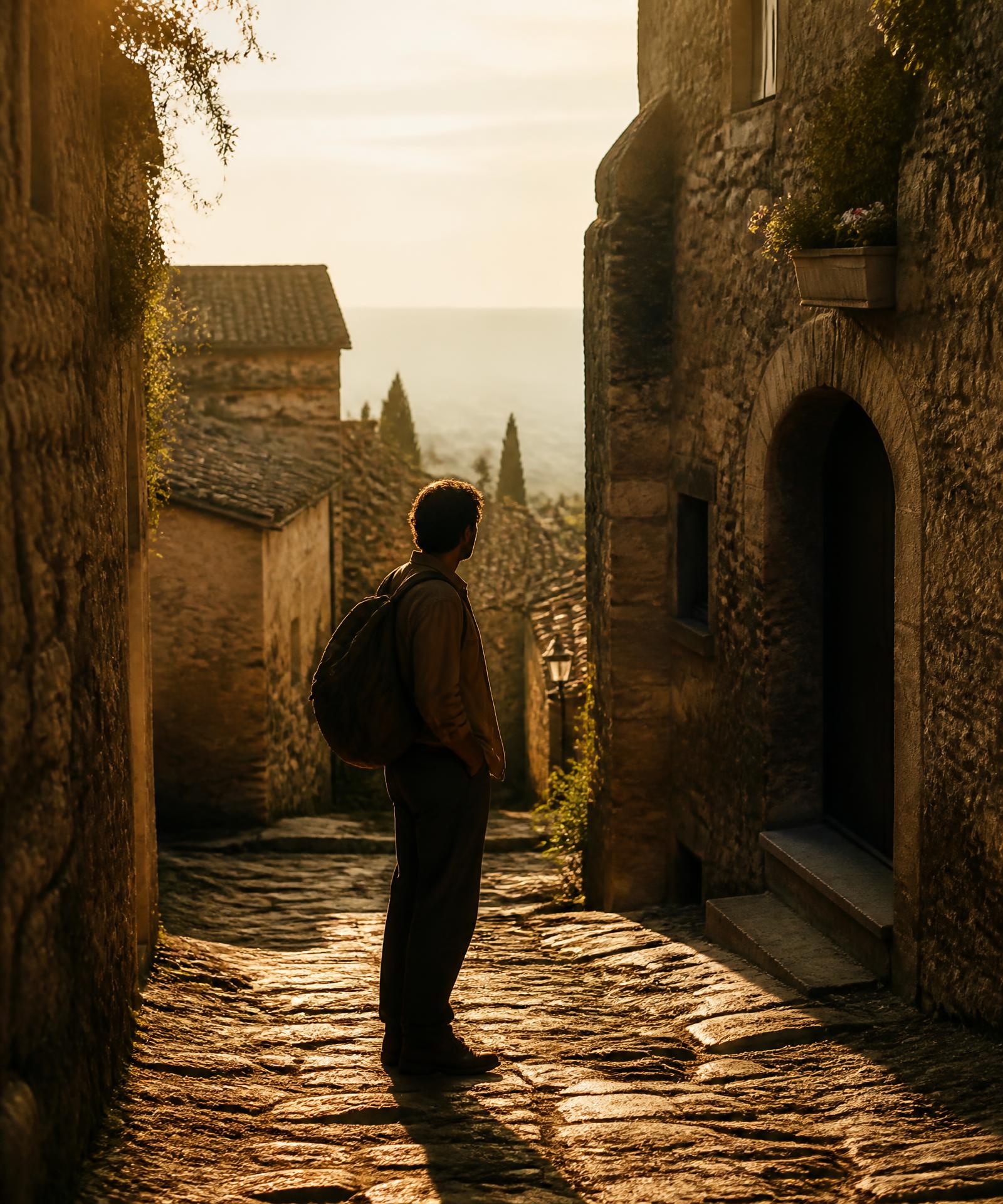 Reisender in einer alten Gasse im Abendlicht